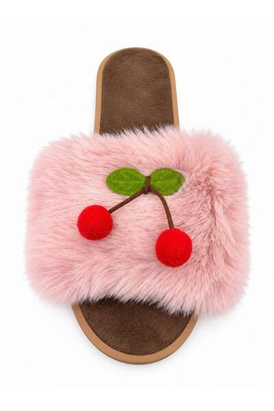 PAPUCUMUN DÜNYASI Women's Plush Fur Soft-Sole Lightweight Slippers with Cherry Details