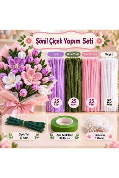 C&A&B KUZEY AVİZE Şönil Yapım Kiti Full Set | 100 Adet Şönil + 30 cm Çiçek Te...