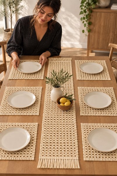 viracasa 7 Parça Hasır Runner ve Amerikan Servis Seti Kafes Örgü Desen 6 Kişilik Püsküllü 30x45 30x1