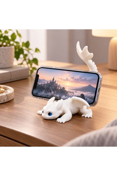 Ejderha Figürlü Telefon Standı – Beyaz Dekoratif Masaüstü Telefon Tutucu – 3D Tasarım
