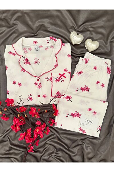 Lena Homewears Σετ πιτζάμες Berlin με μακρυμάνικο κασκόλ, ροζ εκρού με λουλου...