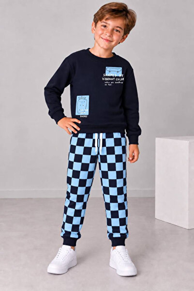 İrem Çocuk Giyim Boy's Skateboard Patterned Written Sweatpants Checkerboard P...