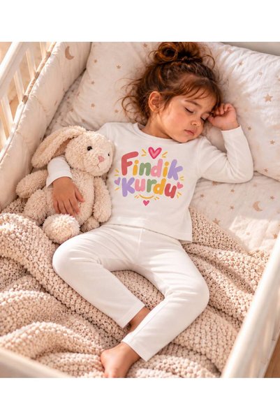 Yarusya Kız Çocuk Pijama Takımı %100 Pamuk Fındık Kurdu Yazılı Uzun Kollu Alt...
