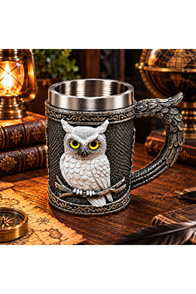 hediyeconcepti 3D Embossed Stainless Steel Decorative Mug with White Owl Figu...