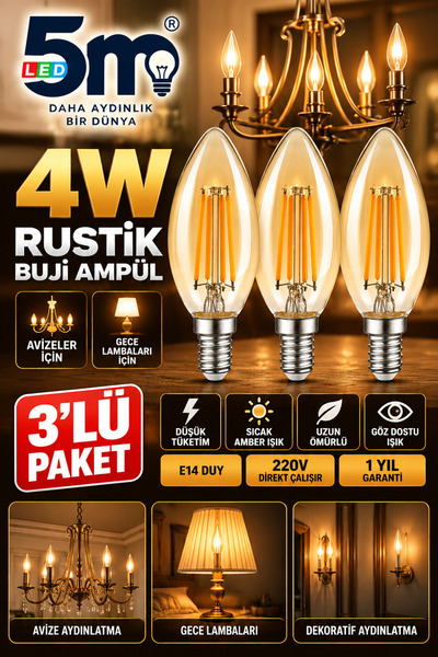 LED PAZARI 4W BUJİ İNCE DUY RUSTİK AMPÜL SARI IŞIK