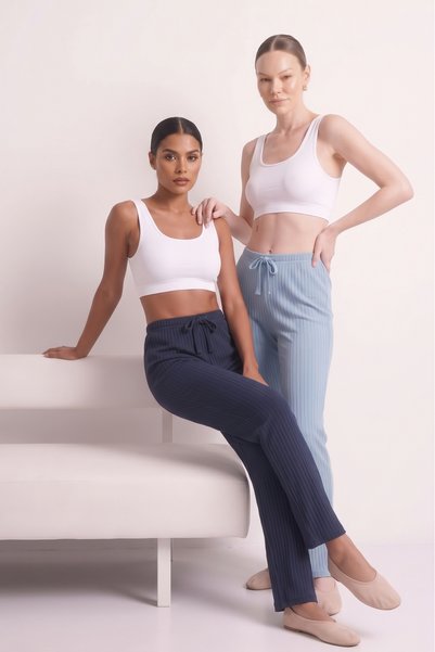 Farya Home 2li Set Kalın Kışlık Şeritli İnterlok Örme Yumuşak Tuşe Pijama Altı