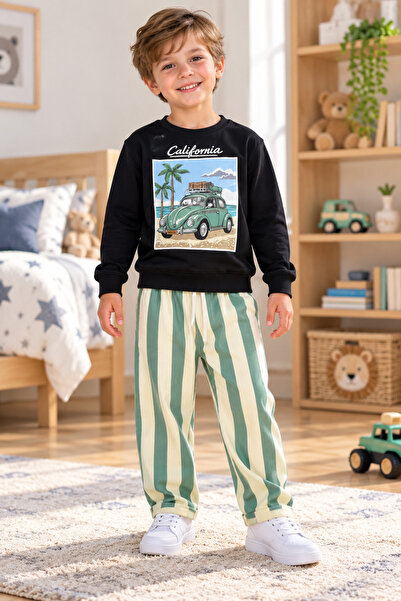 SERPİL Ss Gi̇yi̇m Boys' California Printed 2-Piece Tracksuit Set – Striped Pants