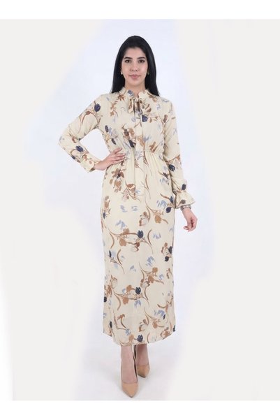 FULLJOY Women's Floral Long-Sleeved Waistband Maxi Dress