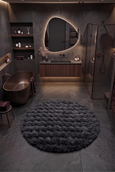 SOFT DECOR 1'Li Bubble Peluş Banyo paspası Çap=40 cm Yuvarlak Halı Su emici Y...