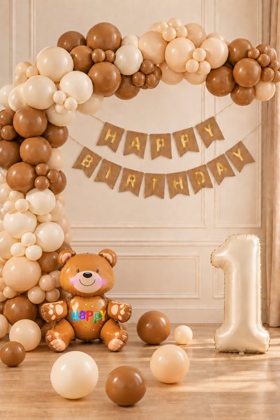 Doğasüs Pastel Retro Kahve Bej Oturan Ayıcık Yaş Balon Zinciri Seti