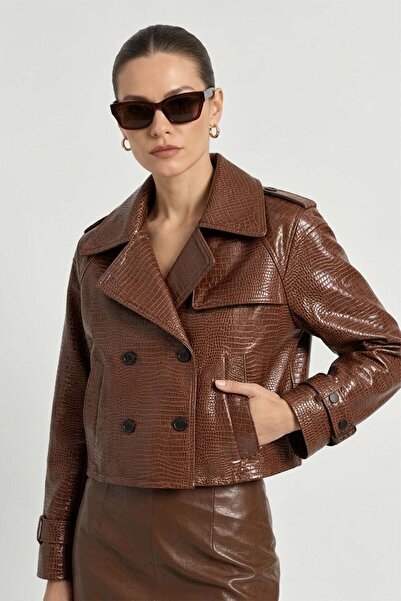 Deriderim Brown Croco Leila Double Breasted Buttoned Short Trench Coat Women'...