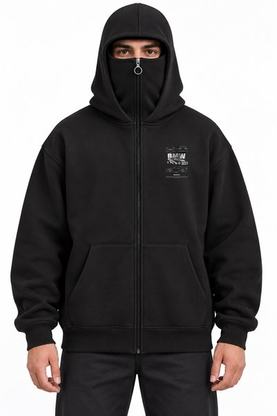 Edizen Siyah Oversize Balaclava Fermuarlı Hoodie Ön Arka Baskılı BMW M3 GTR L...