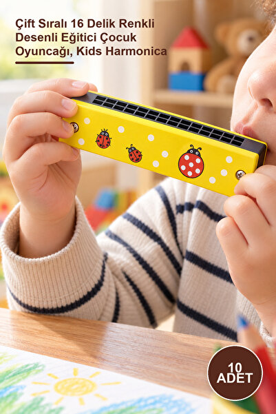 10 Adet Ahşap Mızıka – Çift Sıralı 16 Delik Renkli Desenli Eğitici Çocuk Oyuncağı, Kids Harmonica
