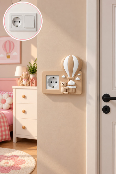 Uçan Balon ve Ayıcık Figürlü Dekoratif Priz ve Tekli Anahtar Kapağı Çocuk Odası 15,5 x 8,5 cm