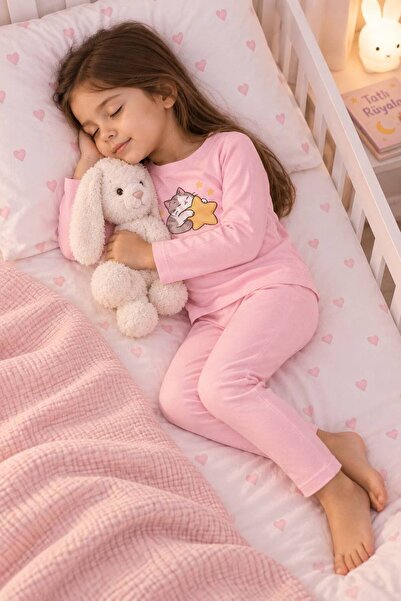 Yarusya Kız Çocuk Pijama Takımı Pamuklu Sevimli Kedi Baskılı Uzun Kollu Alt Ü...