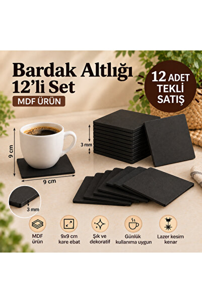 yhfoto 12 Adet Bardak Altlığı - Siyah Kare Mdf Bardak Altlığı - 9x9 cm