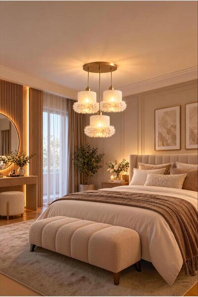Elizim Home Lighting Alessa 3’lü Tütü Avize – Eskitme Tepsili Krem Tül Başlık...