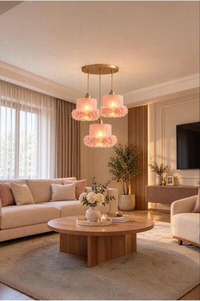 Elizim Home Lighting Alessa 3’lü Tütü Avize – Eskitme Tepsili Yavruağzı Tül B...