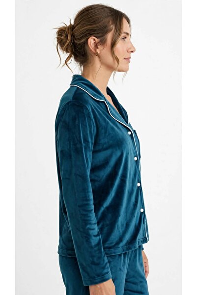 Victoria düğmeli kadife pijama takımı