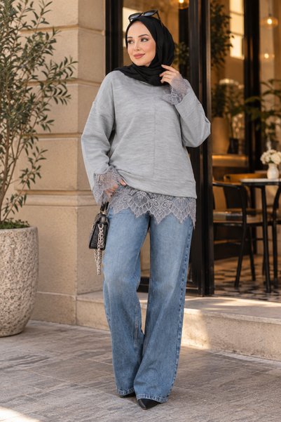 ASTEMİA Women's Lace Detailed Crew Neck Knitwear Sweater Sb0069