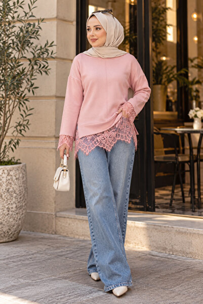 ASTEMİA Women's Lace Detailed Crew Neck Knitwear Sweater Sb0069