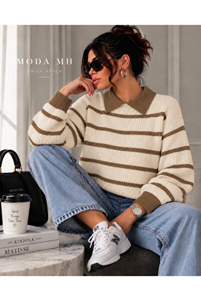 moda mh Γυναικείο πουλόβερ με ριγέ στυλ OVERSIZE με πλεκτό γιακά πόλο ΣΕΛΑΝΙΚ