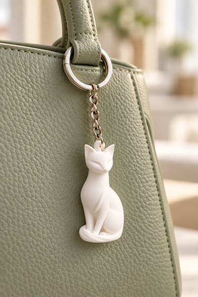 Maygiy Minimal Cat Keychain with 3D Figure White Cat Bag and Key Ornament
