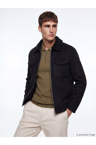 LC Waikiki Regular Fit Fur Collar Men's Suede Coat