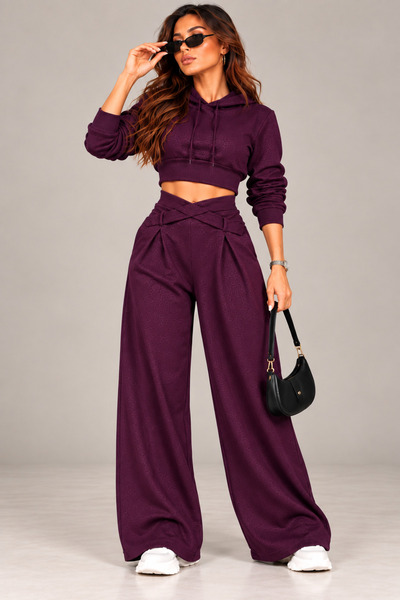 Defne Fashionable Women's Oysho Fabric Hooded Crop Top & Wide Leg Pants Two-P...