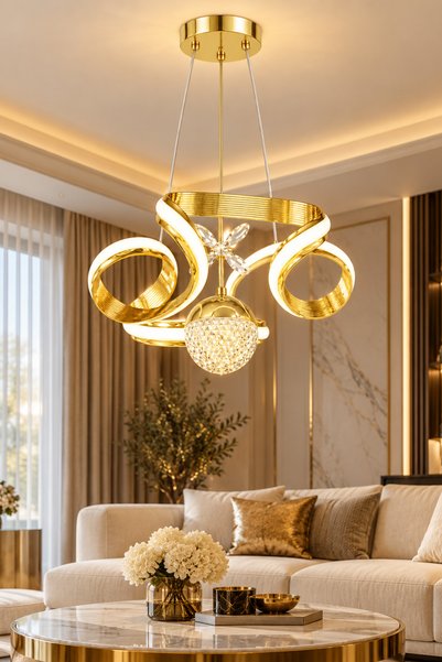 Ulucam Aydınlatma Çizgili Dron Gold 3 Renk LED Avize Modern Salon Aydınlatması