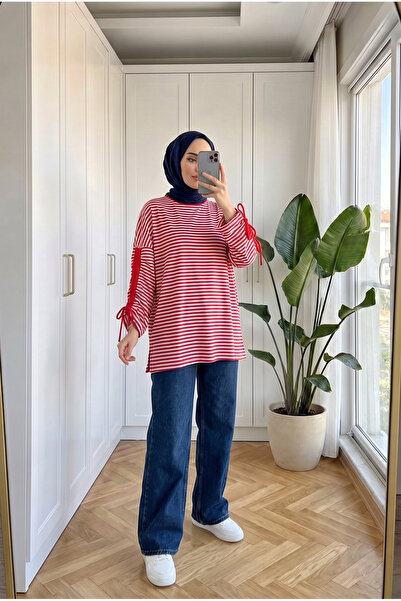 Kirazca Butik Kadın Yandan Büzgülü Kol Detaylı Çizgili Oversize Penye Tunik 7...
