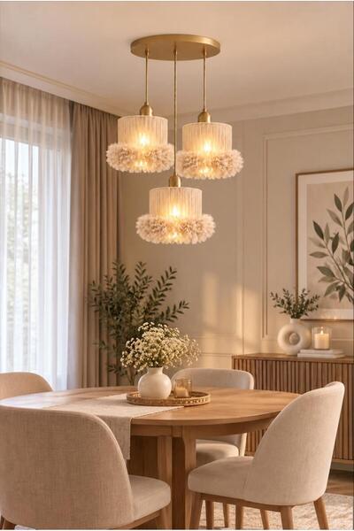 Elizim Home Lighting Alessa 3’lü Tütü Avize – Eskitme Tepsili Cappuccino Tül ...