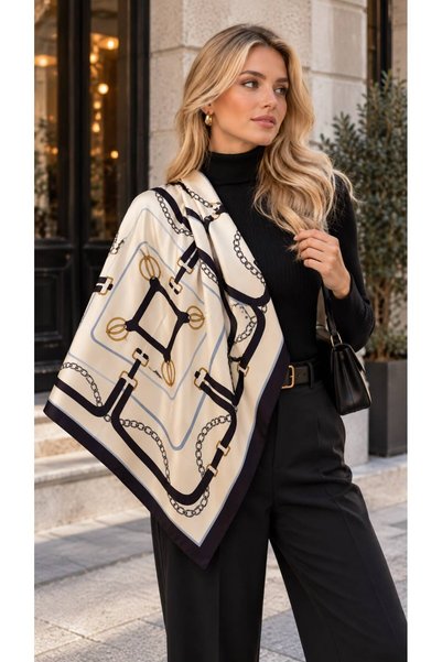 HAZAL KAYA ATELIER Flr27-66 Cream Patterned Women's Scarf 90X90 cm