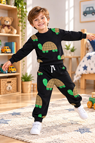 SERPİL Ss Gi̇yi̇m Boys' Turtle Print 2-Piece Tracksuit Set – Sweatshirt and J...