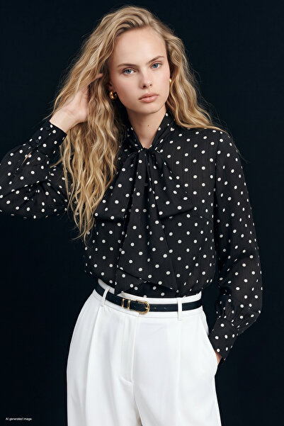 Sateen Polka Dot Patterned Scarf Shirt - Black