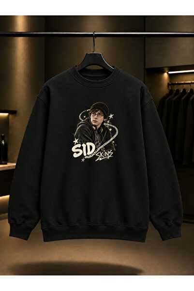 fame-stoned Skins Sid Printed Unisex 100% Cotton Black Crew Neck Sweatshirt