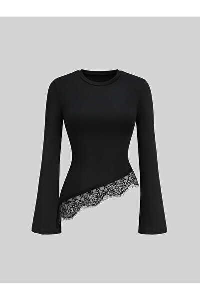 WEEST MODA Black Women's Long Sleeve Blouse with Lace Trim and Asymmetrical S...