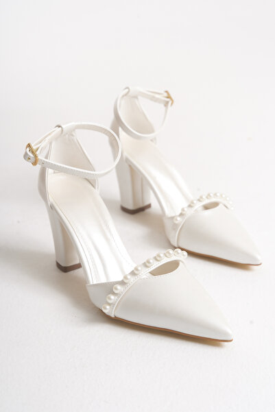 FOLLOWIN Women's Pearl Detailed Bridal Shoes Pointed Toe Thick Heeled Ankle S...
