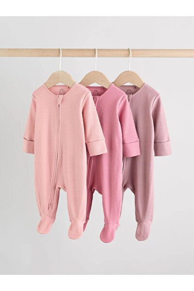 Next Baby 100% Cotton Pink Colored Plain Ribbed Reversible Zippered 3-Piece J...