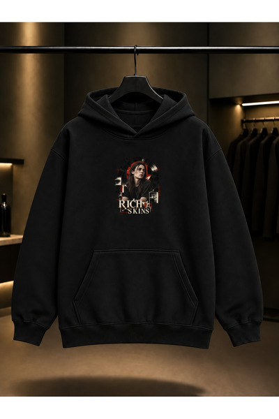 fame-stoned Skins Rich — Rich Printed Unisex 100% Cotton Black Hooded Sweatshirt