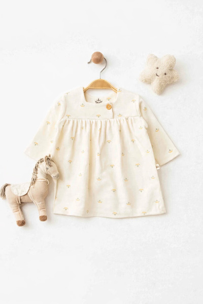 The Nest Kids Lotus Desenli %100 Organik Pamuk Bebek Elbisesi Golden Meadow