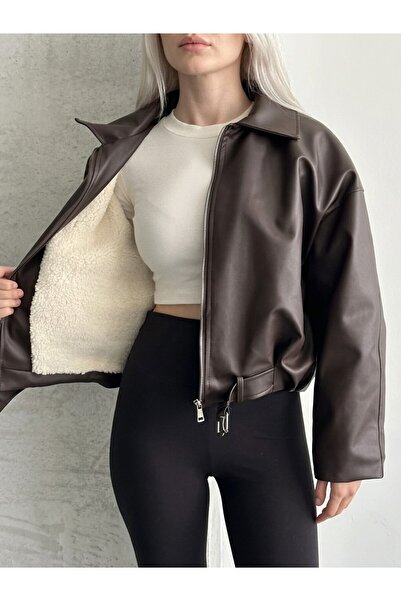 PRİFALDİ Pb Wool-Detail Belt Detail Aci Brown Women's Bomber Leather Jacket