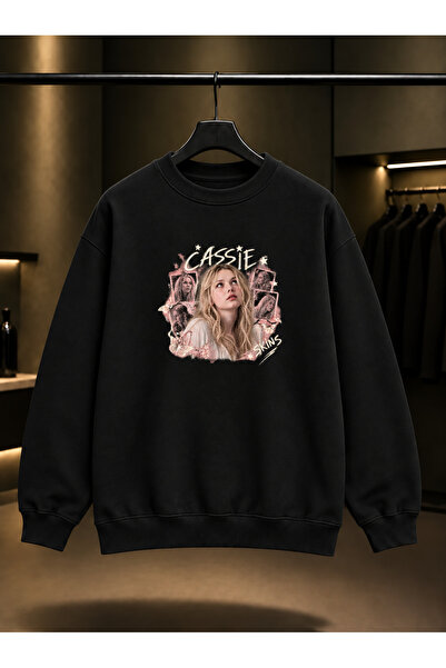 fame-stoned Skins Cassie Printed Unisex 100% Cotton Black Crew Neck Sweatshirt