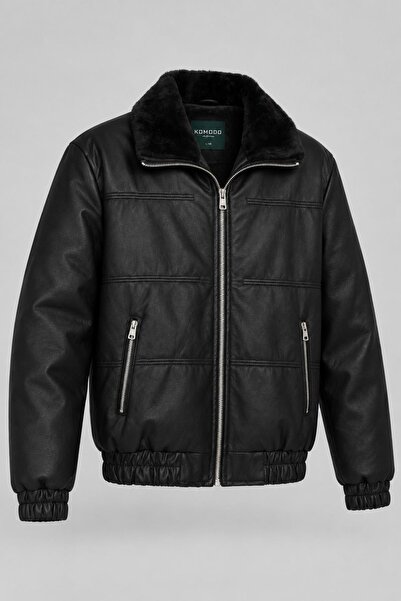 ByTrend Yaka Kürklü Dolumlu Suni Deri Kışlık Mont KMD 894_50537-1