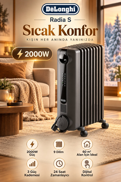 DELONGHİ Delomghi Radia S 2000W 9 Dilim Yağlı Radyatör 60 m³ Dijital Termosta...
