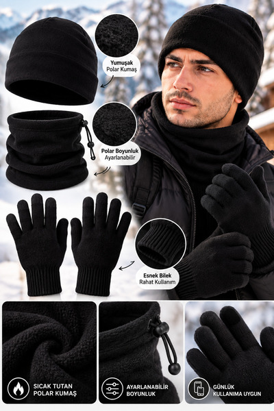 Valens 3'lü Polar Set Bere Boyunluk Eldiven Siyah Kışlık Takım