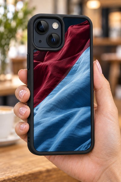 BGAKSESUAR iPhone 15 Uyumlu Bordo Mavi Bayrak Kıvrımları Desenli Kamera Korum...