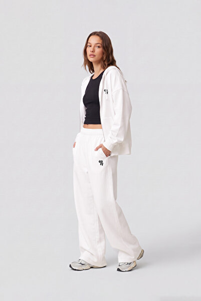Eazy Co Women's Ecru Cotton Tracksuit Set Oversize Zippered Hooded Sweatshirt...