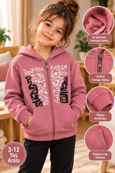 Kız Çocuk Kapüşonlu Fermuarlı Şardonlu Sweatshirt pembe 3-12 Yaş