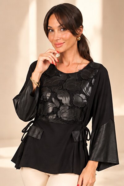 By Saygı Women's Embroidered Leather Trimmed Comfortable Fit Tunic Blouse